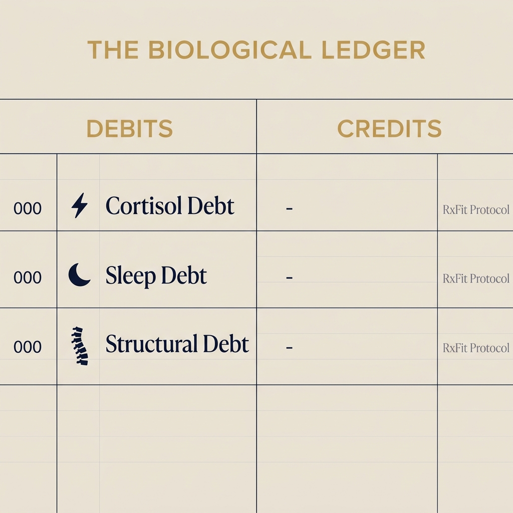 Illustration of a biological ledger, visually representing cortisol, sleep, and structural debts as debits