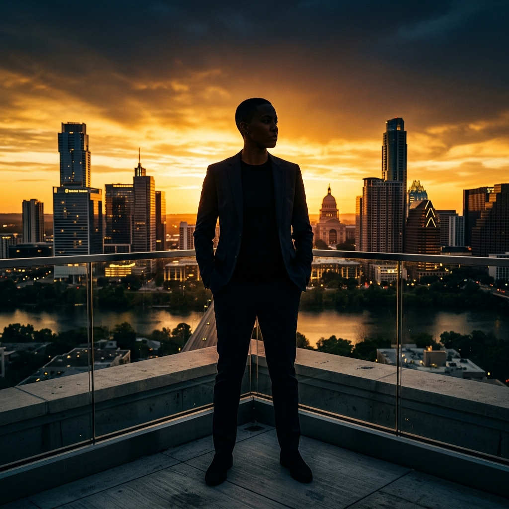 Austin executive standing tall against a vibrant sunset skyline, embodying peak performance and longevity