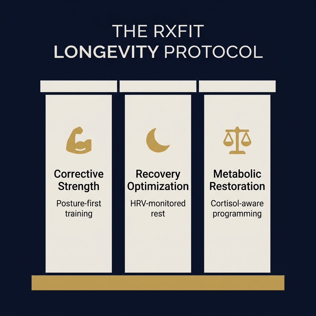 Infographic detailing the RxFit Longevity Protocol with three pillars: Corrective Strength, Recovery Optimization, and Metabolic Restoration