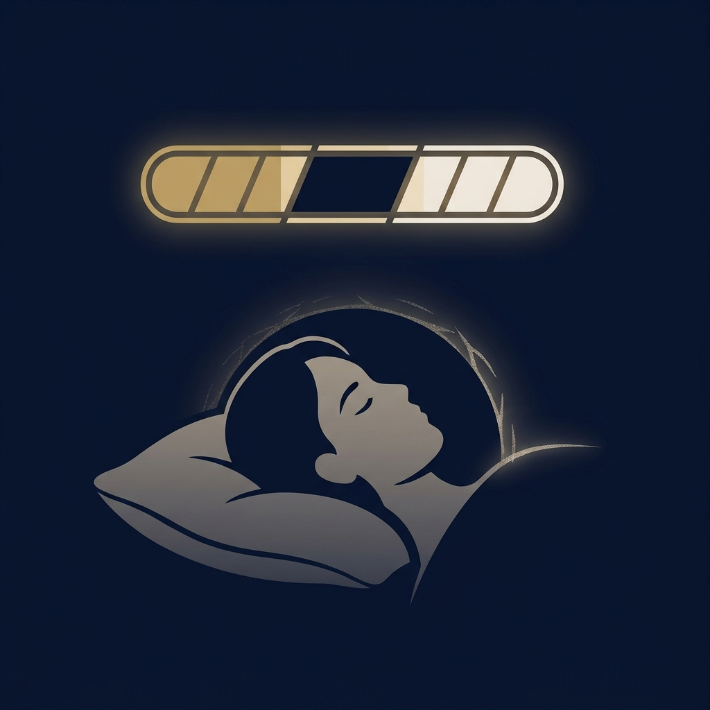 Illustration of sleep debt, showing a fragmented energy bar above a sleeping silhouette, representing a repair deficit